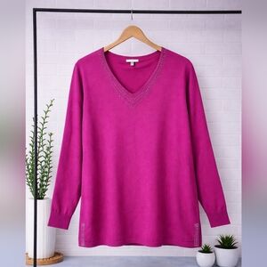 Vila Milano 1X OversizedWomen's Magenta V-Neck Sweater - Pink Rhinestones 2X